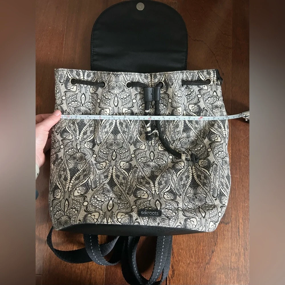 Sakroots Black and White Owl Print Boho Bohemian Whimsical Drawstring Backpack